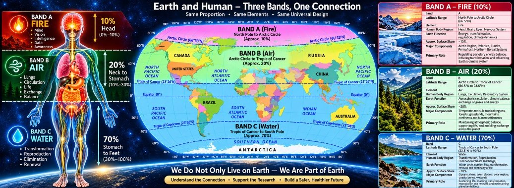 Earth geographical bands showing Fire Air and Water regions